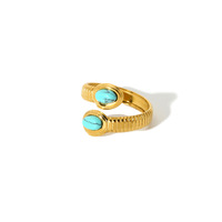 Cincin Wanita Grosir Model Bypass Emas, Pita Bergaris Tubogas, Batu Cabochon Ganda, Terbuka, Dapat Disesuaikan, Perhiasan Baja Tahan Karat