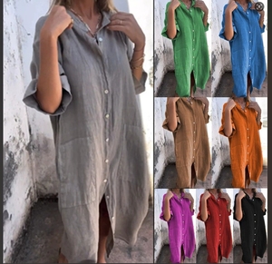 Tessuto di cotone personalizzato di alta qualità di base allentato primavera estate camicia di lino vestito per le donne più grande XL pianura tinto giorno - Product Image 3