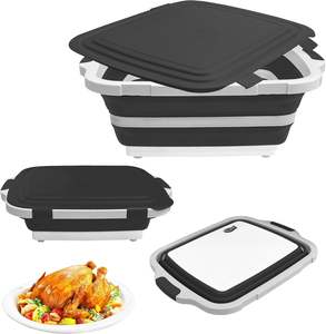 Planche à découper pliable 8L avec récipient, évier de camping pliable avec passoire, bac de préparation pour barbecue avec couvercle, bassin multifonctionnel - Product Image 1