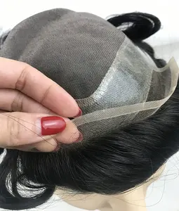 2024 탈모 복원 인도 인간의 머리카락 시스템 표백 매듭과 블랙 컬러 스위스 레이스 앞 조각