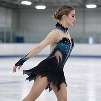 Robe de patinage et de danse pour enfants et adultes, noire et bleue, avec manches longues en maille nude, strass, plumes et découpe au dos, pour compétition et spectacle de patinage sur glace