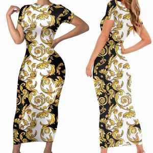 Fashion Golden Floral Ladies Wears <strong>Dresses</strong> Casual Elegant Women European And American Flower Printed Short Sleeve Bodycon <strong>Dress</strong> - Product Image 2