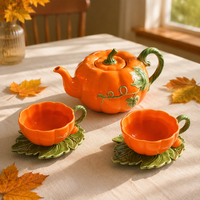 Service à thé créatif en céramique en forme de citrouille, ensemble théière, tasses et soucoupes de style vintage pour le thé de l'après-midi, compatible micro-ondes