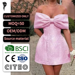 Robe d'été courte pour femme, OEM, de luxe, modeste, unie, en tissu naturel tissé, à imprimé numérique, à épaules dénudées, dos nu, avec nœud, coupe classique - Product Image 1