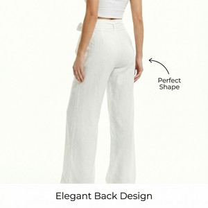 <strong>Women's</strong> White Mid-Waisted Wide-Leg Spring ODM Woven Linen Viscose Blend Breathable Comfort Casual Trousers - Product Image 2