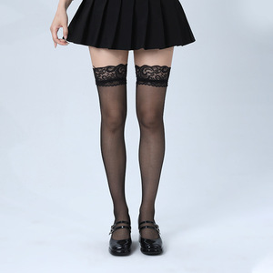Lace Thigh High Stockings 15D Transparent Women's Over The Knee Socks Solid Color Polyester Fiber - Product Image 1