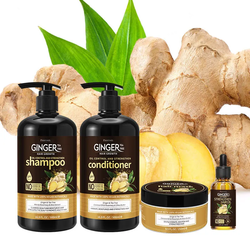 Özel etiket sağlıklı doğal organik saç bakımı yağ kontrolü Anti kaybı yeniden büyüme çay ağacı zencefil saç büyüme şampuan seti