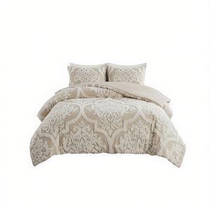 Ensemble de housse de couette en chenille de coton tufté, 3 pièces, beige, literie classique pour la maison - Product Image 1