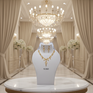 <b>Gold</b> Teardrop Link Necklace <b>Set</b> with Floral Accents and Coordinated Earrings for Womens Festive <b>Jewelry</b> - Product Image 1