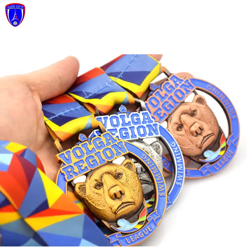 ロシアボルガリージョンリーグ3Dクマ水泳カスタムメダル子供用キッズスポーツマラソンメダルとトロフィー