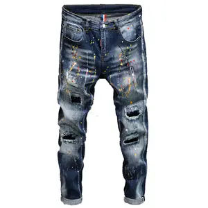 Groothandel broek jeans patch bedelaar-Europese En Amerikaanse Mannen Jeans Knie Gescheurde Patch Olie Knie Dot Graffiti Bedelaars Elastische Broek Kleine Voeten