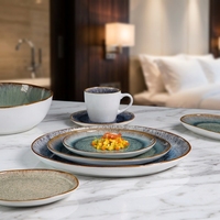 Service de table en céramique EKA de luxe, personnalisé OEM, avec glaçure réactive, en grès céramique, comprenant tasses, bols et assiettes