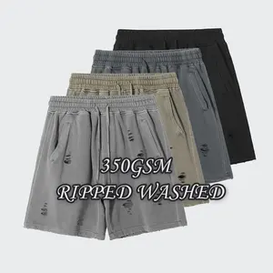 Pantaloncini corti strappati da 350 gsm con logo personalizzato di alta qualità in cotone pesante oversize pantaloncini corti da uomo