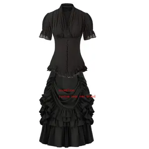 Robe vintage ecowalson gothique victorienne Lolita pour femmes Costumes d'Halloween Robe de soirée chemise à revers avec nœud
