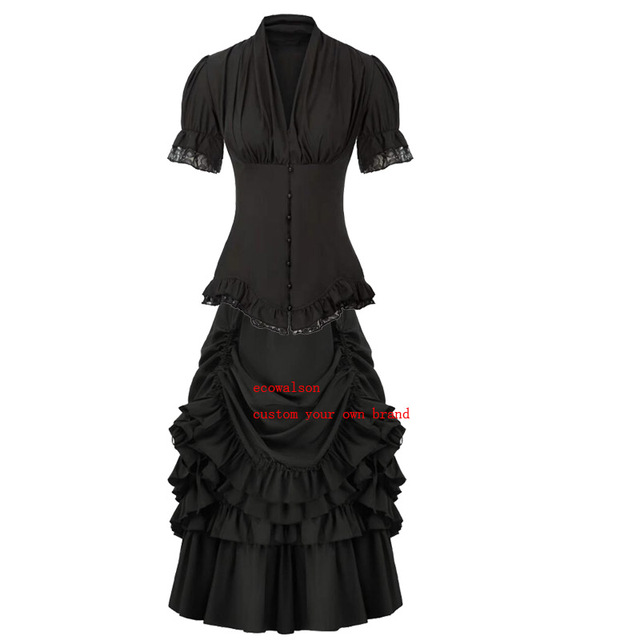Ecowalson Vintage Victorian Gothic Lolita Dress for Women Halloween Costumes Bow Lapel Shirt Party Dress