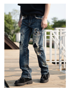 Jean en <span class=keywords><strong>denim</strong></span> déchiré pour homme, coupe droite, broderie à points épais, taille mi-haute, en coton, style décontracté, pour l'automne - Product Image 1