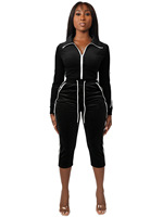 Ensemble pantalon capri en velours à col rabattu et cordon de serrage pour femme, survêtement tendance à fermeture éclair, patchwork rayé, collection Printemps 2027