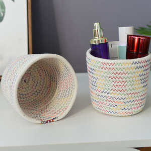 Cotton Rope Storage <b>Basket</b> Round 1-3L Handmade Cosmetic Organizer Desk Organizer Colored Bucket <b>Woven</b> <b>Baskets</b> - Product Image 1