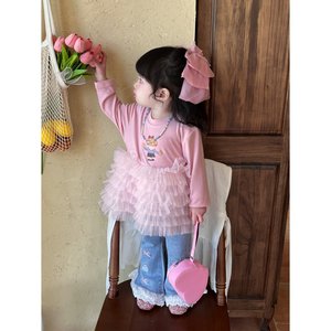 Girls Cotton Two Piece Set Pink Top With Tulle Skirt And Jeans Spring Outfit For Toddler Fashion Clothes - Product Image 2