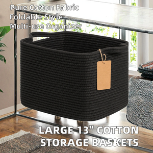 Grands paniers de rangement rectangulaires modernes en tissu 100 % coton de 13 pouces, organisateurs écologiques avec poignées, étagères pliables - Product Image 2