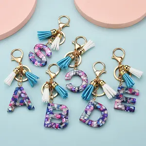 Popular Acrylic 26 English initial Letters Tassel Keychain Girls gift Colorful Stone alphabet key chains