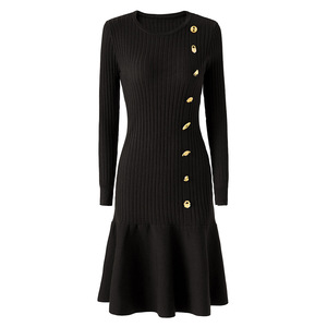 Abito Mini <span class=keywords><strong>in</strong></span> <span class=keywords><strong>Maglia</strong></span> a Costine a <span class=keywords><strong>Maniche</strong></span> <span class=keywords><strong>Lunghe</strong></span> con Scollo a O, Modellante <span class=keywords><strong>in</strong></span> Vita, Vestibilità Slim, Bottoni Dorati Laterali, Patchwork, alla Moda da Donna - Product Image 5