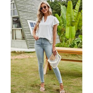 Blusa de Verano para Mujer con Volantes, Manga Corta, Cuello en V, Informal, para el Trabajo, Transpirable, de Popelina - Product Image 6