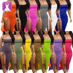 2023 Fashionable Sexy Backless Ruffled Halter Slit Dress Summer Women Solid Color Sleeveless Long Dress