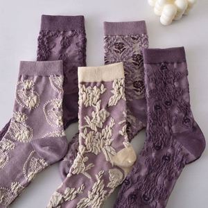 Wholesale Cotton Socks Autumn Winter New Retro Three Dimensional Relief Purple Korean Jacquard Socks Women's Mid Tube Hosiery - Product Image 2