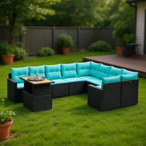 Juego de sofás de patio de ratán sintético negro de 10 piezas con cojines, juego de muebles de exterior para jardín - Product Image 2