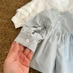 2024 Spring Princess Design Child Kids Puff Sleeve Blouse Infant Toddler Solid White Blue Shirt Clothing 720