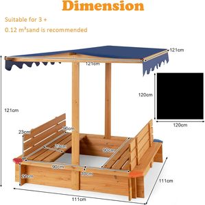 Kids Sandbox, Wooden Square Sandpit with Canopy, Built-in Seat, Bottom <b>Liner</b>, Outdoor Sand Box for Backyard <b>Garden</b> Beach - Product Image 2