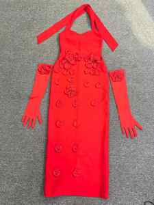 Verband Halter Midi Lengte Lovertjes Decoratie Vrouwen Luxe Diner Elegante Zwart En Rode Prom Dress - Product Image 5