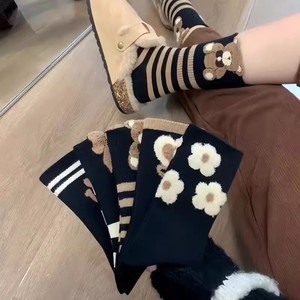 Women Mid Calf Socks Black Plush Bear Pattern Sweat Absorbent Korean Style Casual Socks For Youth - Product Image 1