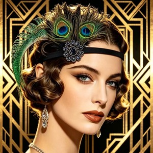 Serre-tête Gatsby en plumes de paon pour femme, bandeau vintage en strass, accessoire de coiffure pour mariée, fête ou déguisement - Product Image 3