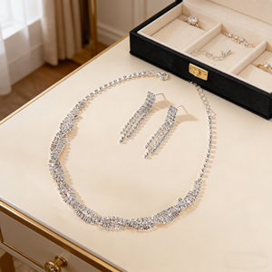 طقم مجوهرات كلاسيكي للعروس والمناسبات المسائية يتضمن قلادة شوكر متموجة مرصعة بالأحجار الكريمة الشفافة وأقراط مزينة بالشراشيب - Product Image 3