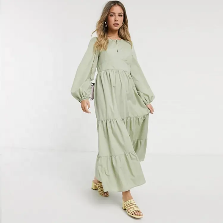 Cotton Poplin Tiered Maxi Dress With Long Sleeves Vintage Dresses