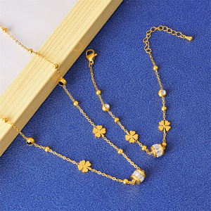 Cuentas de la suerte de moda, cadena de clavícula de circón, cuentas redondas, collar de trébol corto de frijol dorado, conjunto de pulsera de hoja de Ginkgo de acero inoxidable - Product Image 2