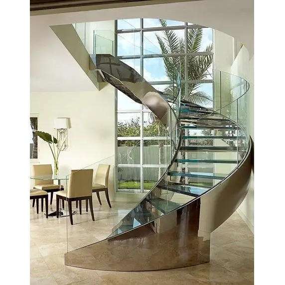 Escalier d'intérieur incurvé moderne de haute qualité Escalier intérieur en colimaçon en verre feuilleté avec garde-corps en verre