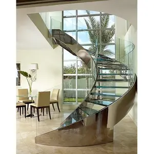 Escalera curva interior moderna de alta calidad, escaleras de caracol interior de vidrio laminado con barandilla de vidrio