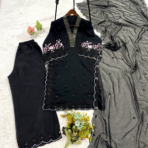 Conjunto de 3 Piezas de Salwar Kameez Pakistaní Bordado en Negro para Mujer, Traje Tradicional Holgado de Largo Completo para Uso Casual - Product Image 6