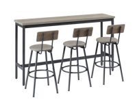 Ensemble de table de bar industrielle longue avec structure en fer et 3 tabourets de bar commerciaux durables et résistants à l'eau avec assise en PU - Gris rustique noir