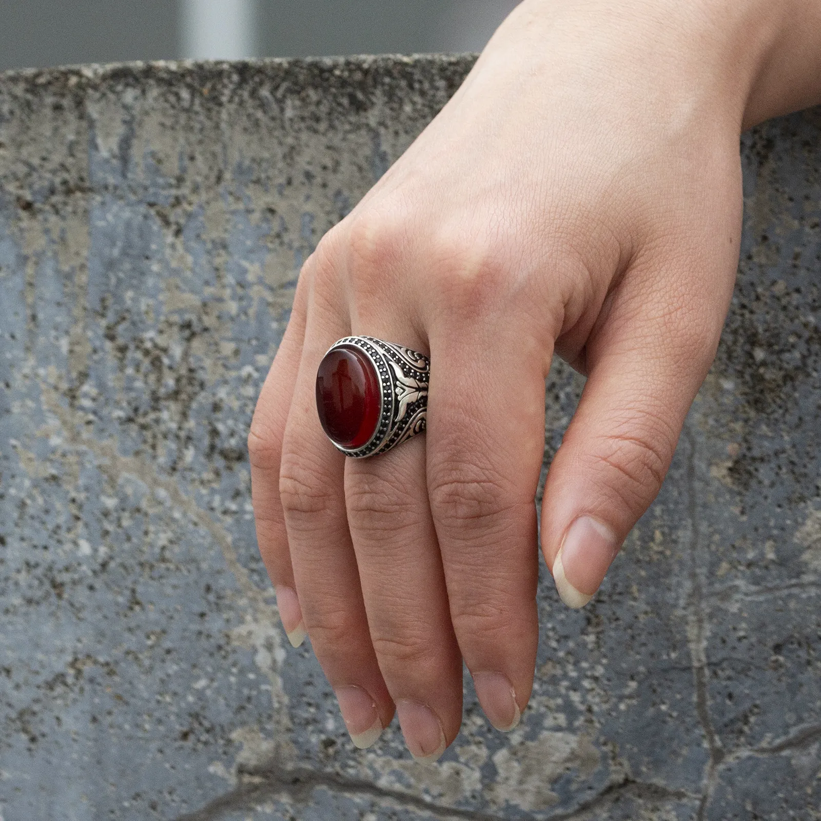Natural Red Agate Stone Ring for Men Pure Sterling Silver 925 Turkish Handmade Jewelry with Gem Rings Luxury Jewelry Gift