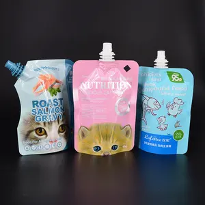 Tas mylar cetak kustom kantong cerat kemasan makanan kucing tas segel quad stand up