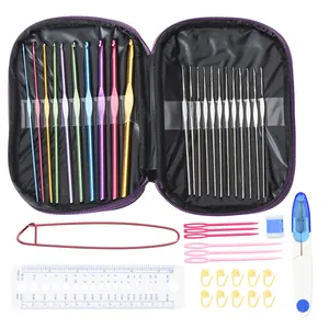 22 Buah/Set Berwarna Aluminium 0.6Mm-6.5Mm dengan Case Single Handle Crochet Kait Rajut Merajut Jarum menenun Benang Set