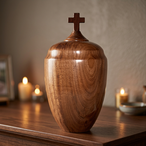 Wood Grain Jar Pet Cremation <b>Urn</b> with Cross Top Classical Memorial Keepsake for Dog <b>Cat</b> Funeral Home Display - Product Image 3