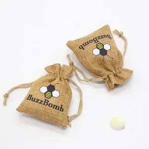 High Quality Cute Bee Printed Brown Soft Jute Hemp Gift Pouch Small Hemp Drawstring Bag