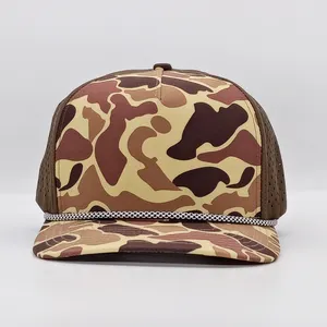 Custom High Quality 5 Panel Unstructured Embroidery Woven Patch Logo Old School Duck Camo Snapback Cap Gorras Rope Hat
