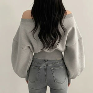 Sudadera Minimalista de Color Sólido con Hombros Descubiertos para Mujer, Manga Campana, Cintura Ajustada, Estilo Casual y Versátil - Product Image 6