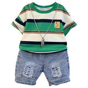 2025 <strong>Kids</strong> <strong>Boy</strong> Summer Clothes Set Striped Green White T-shirt + Distressed Denim <strong>Shorts</strong> 2 Pcs <strong>Boy</strong> Set - Product Image 5